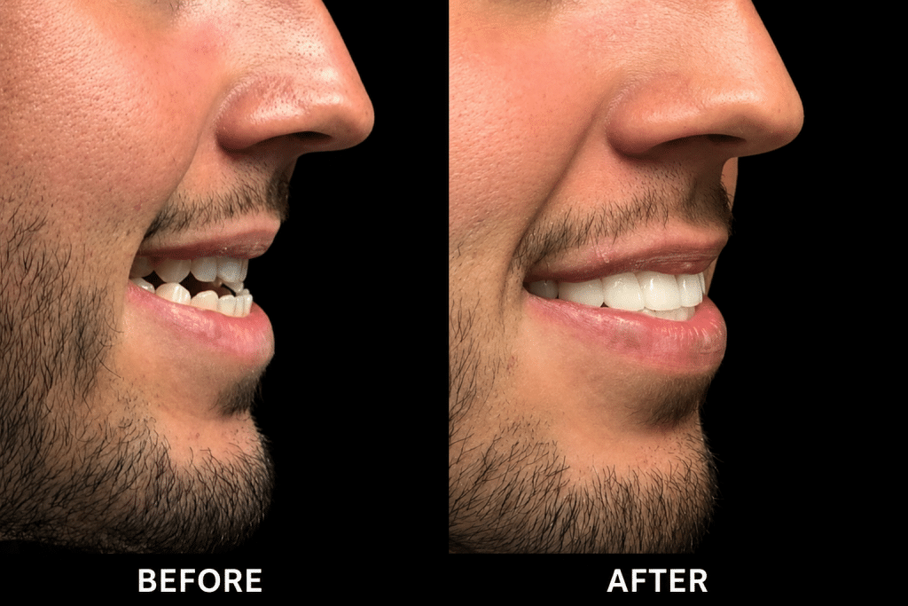 Before and after profile photographs showing successful non surgical underbite correction completed in two visits using the Kurpis Method™, demonstrating improved bite alignment, smile aesthetics, and facial profile.