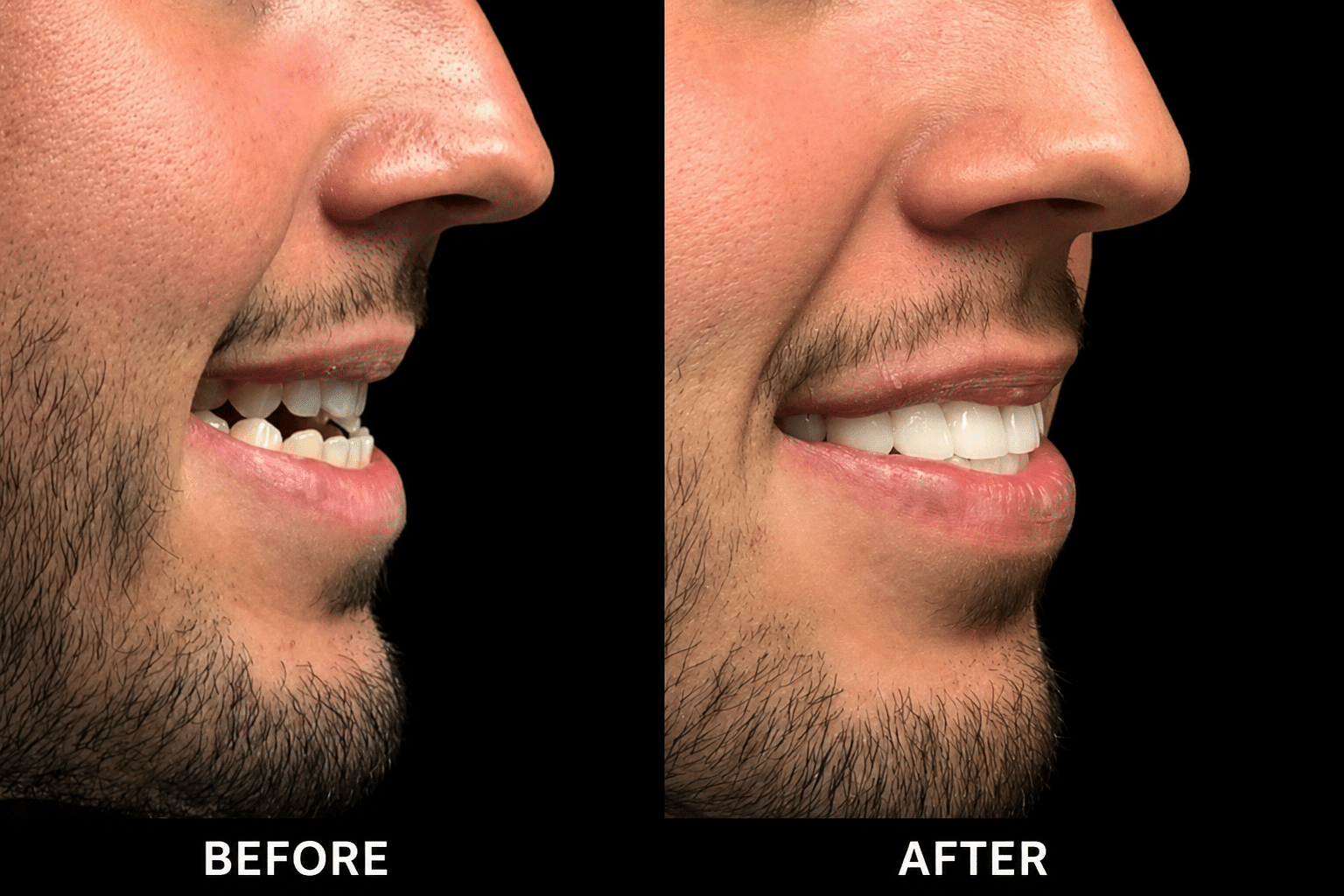 Before and after profile photographs showing successful non surgical underbite correction completed in two visits using the Kurpis Method™, demonstrating improved bite alignment, smile aesthetics, and facial profile.